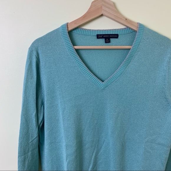 Brooks Brothers Light Blue Metallic V-Neck Sweater - Picture 3 of 10
